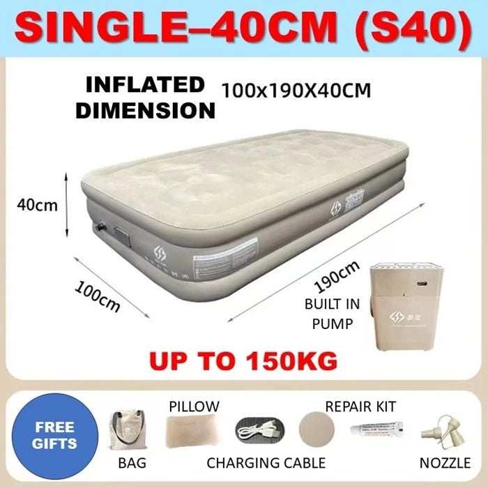 Single Size Auto Inflatable Air Bed with Built-In Pump – 100 cm x 190 cm x 40 cm