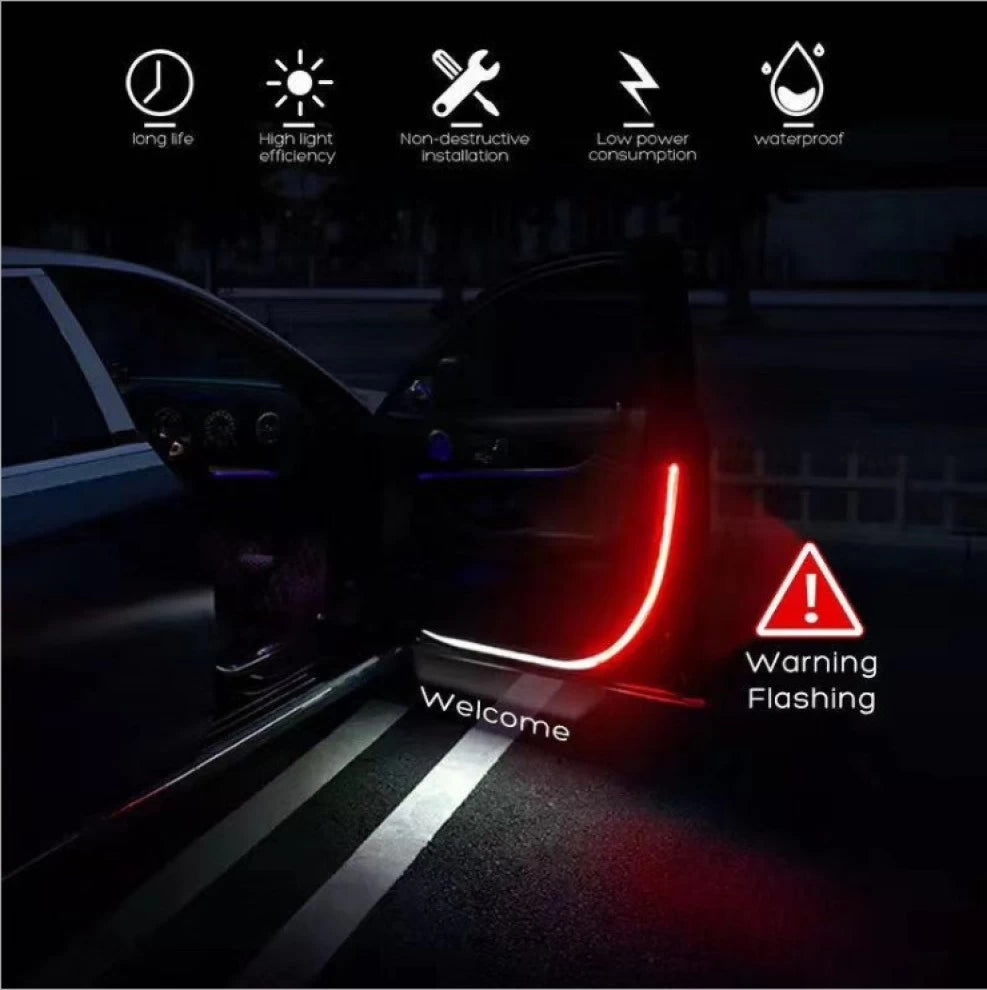 شريط تحذير باب السيارة 2 في 1 LED، مصباح فلاش أحمر أبيض مضاد للتصادم، ضوء ترحيبي زخرفي