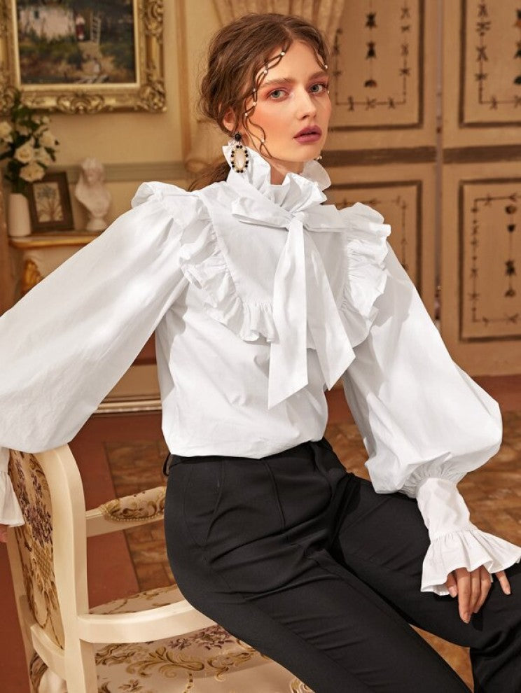 SHEIN Tie Neck Lantern Sleeve Ruffle Trim Top