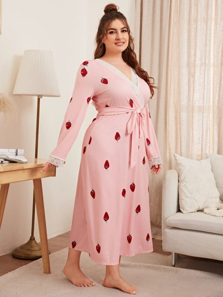 SHEIN Plus Strawberry Print Contrast Lace Belted Nightdress
