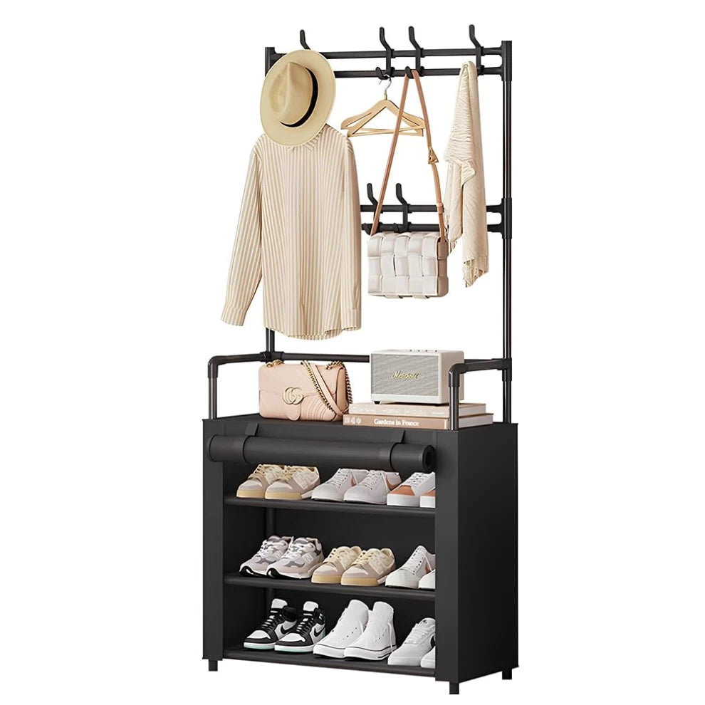 Shelf with Cover Multi-Hanging Rack for Shoes , Stylish & Space-Saving - 4 Layers, 60cm Width, Dustproof, Assembled (Black)