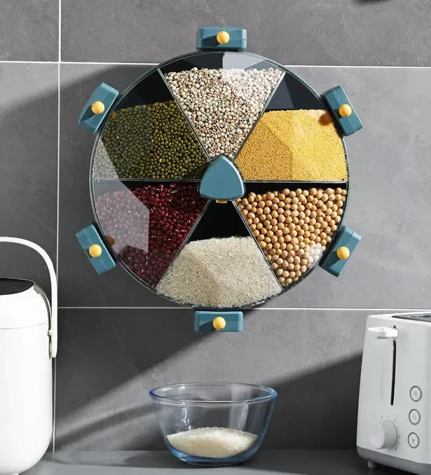 6-Grid Wall-Mounted 360° Rotatable Cereal & Grain Storage Dispenser