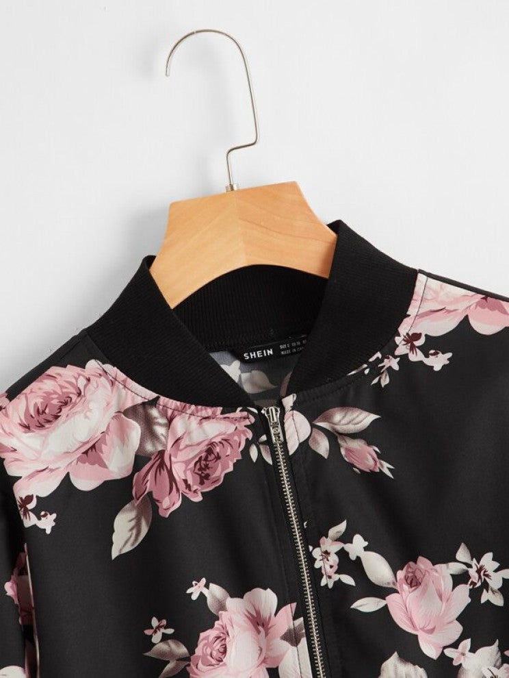 SHEIN Zipper Front Floral Print Bomber Jacket