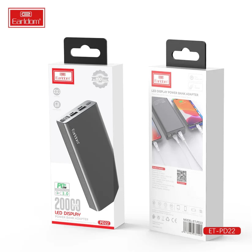 Earldom PD22 Power Bank – 20000mAh | 20W Fast Charging | Black