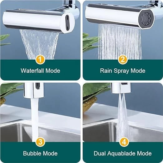 Waterfall Kitchen Faucet, 4 Modes 360° Rotation Kitchen Faucet Spray Head