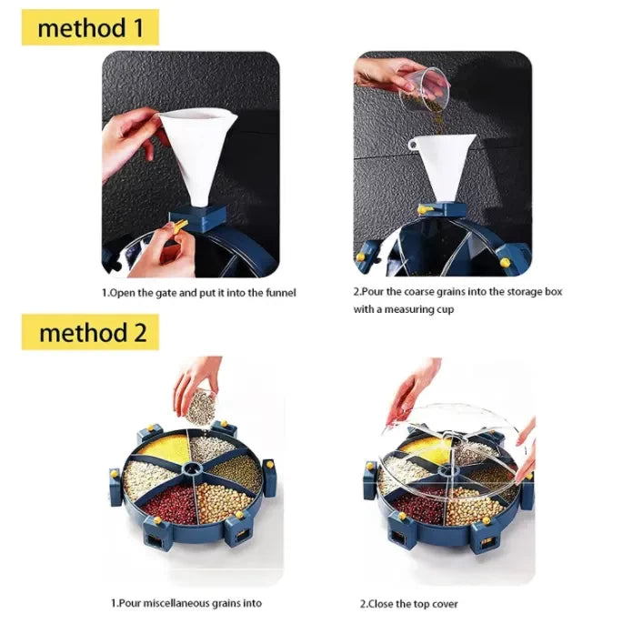 6-Grid Wall-Mounted 360° Rotatable Cereal & Grain Storage Dispenser