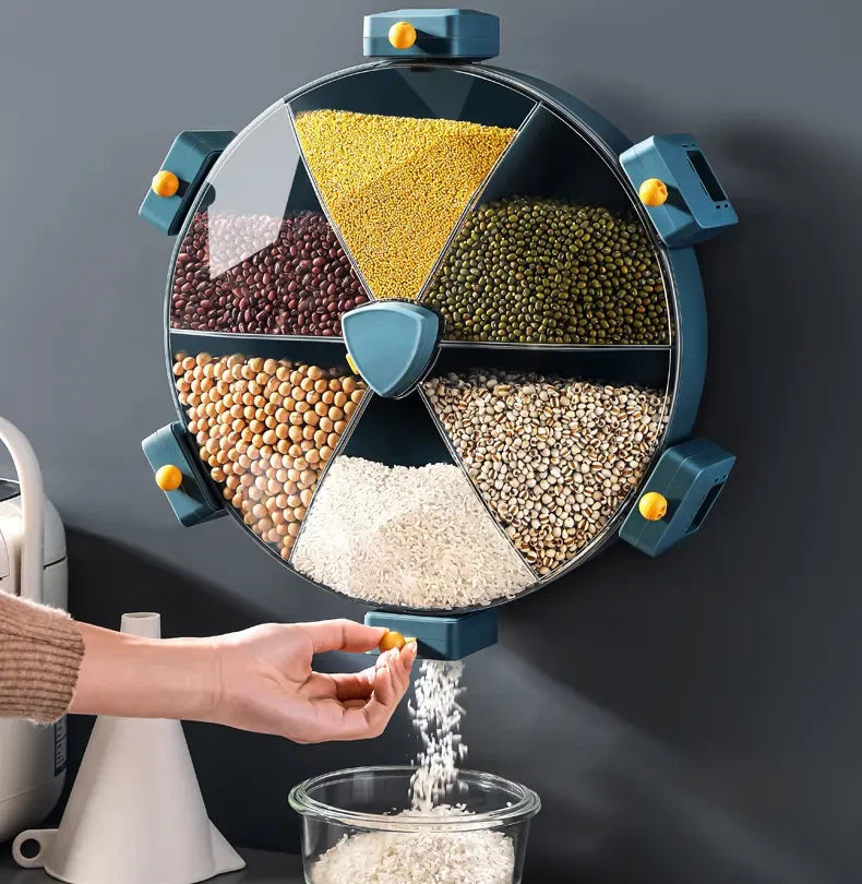 6-Grid Wall-Mounted 360° Rotatable Cereal & Grain Storage Dispenser
