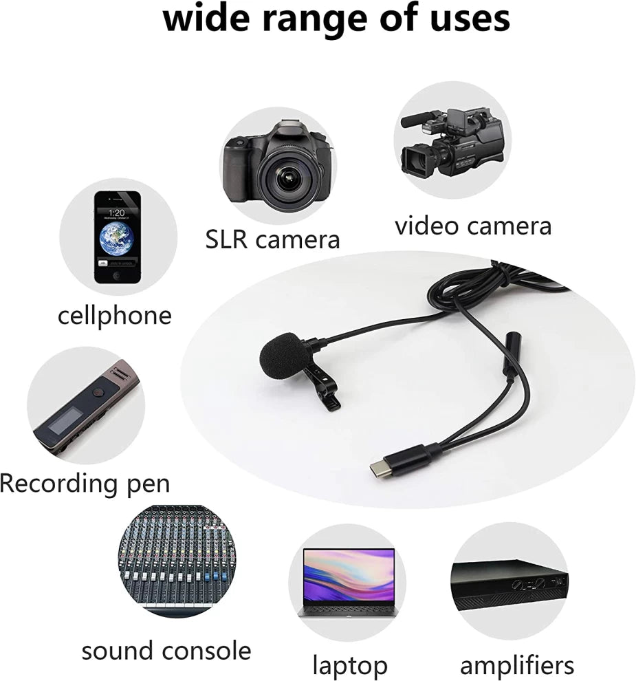 USB C Microphone With Clip & 3.5mm Port - Black, Superb Sound for Audio and Video Recording