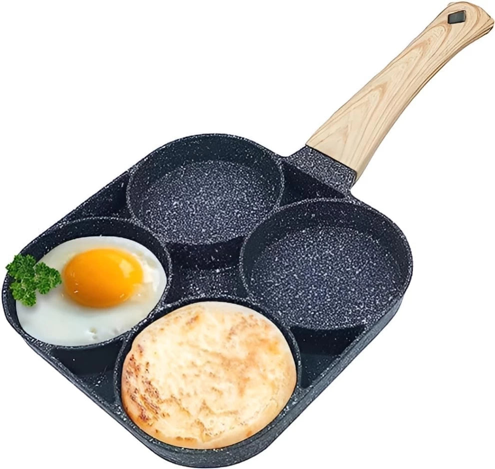 4-Hole Omelet Pan Non-Stick with Wooden Handle (Black)