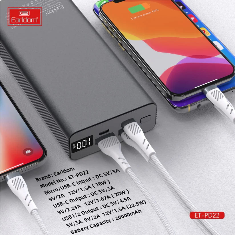 Earldom PD22 Power Bank – 20000mAh | 20W Fast Charging | Black