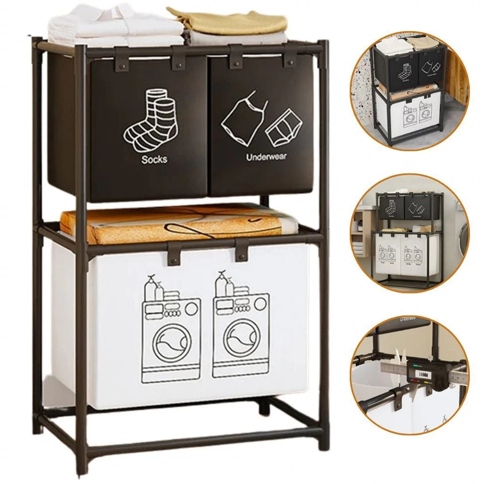 4-Bag Laundry Sorting Basket – 2-Tier Organizer with Rolling Wheels