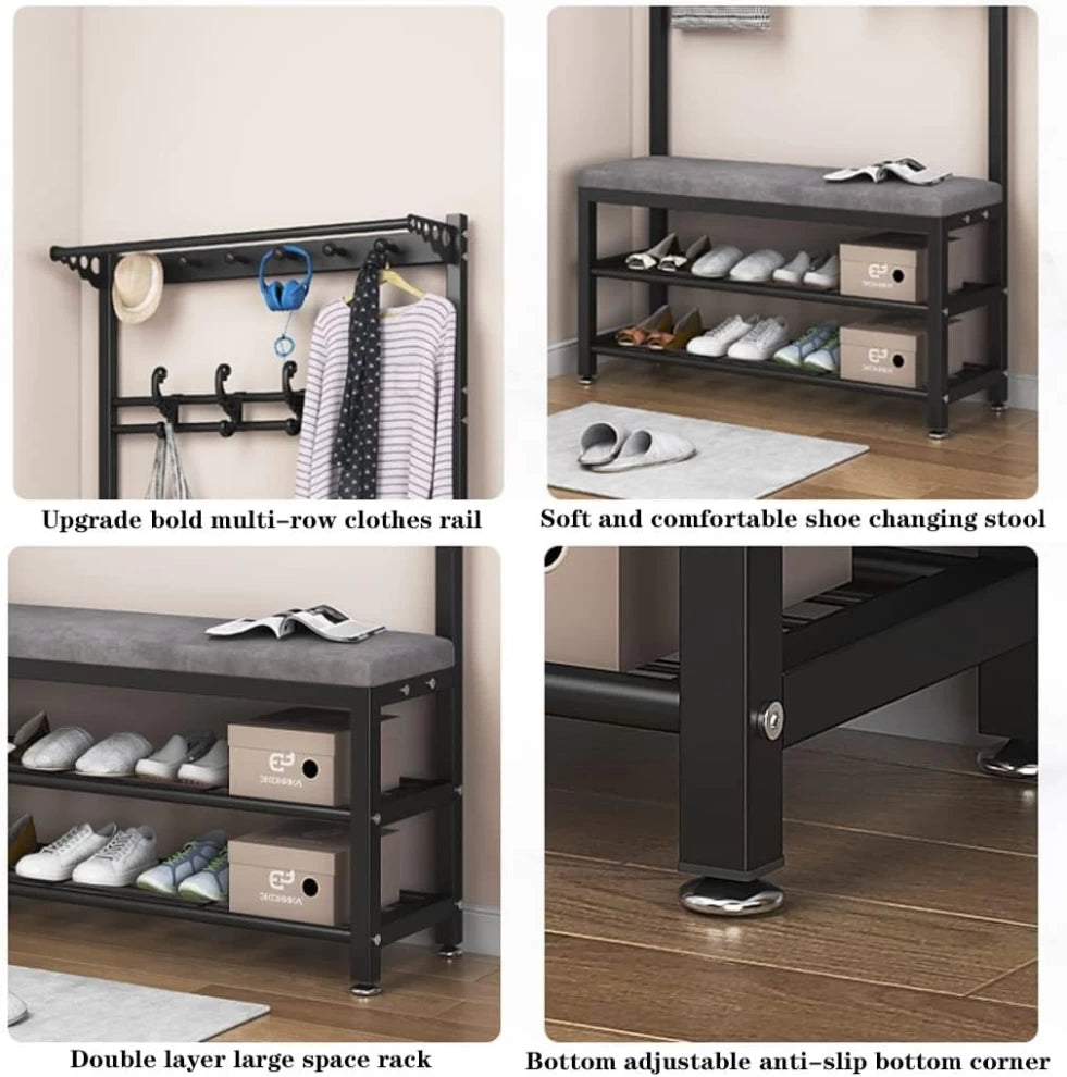 3-in-1 Hall Tree Entryway Coat Rack with Velvet Shoe Bench – Black