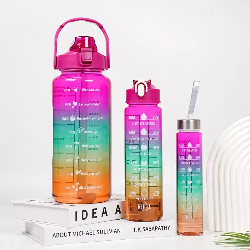 3psc Water Bottle with Straw And Handle, 2 Liter - Purple