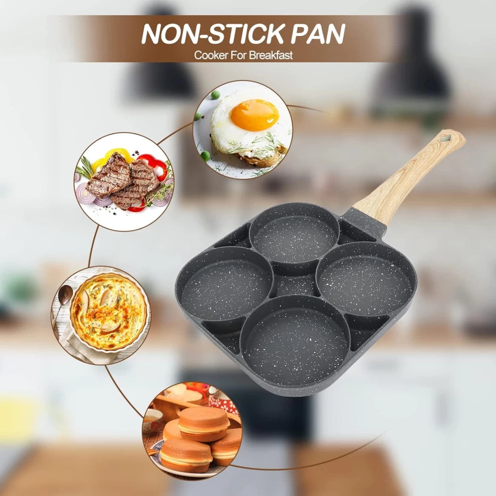 4-Hole Omelet Pan Non-Stick with Wooden Handle (Black)