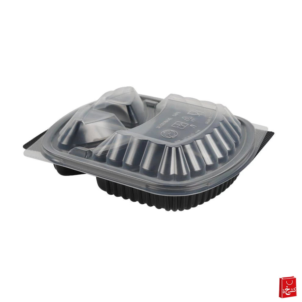Black Microwaveable Container Divided 3 With Clear Lid - 5Pcs