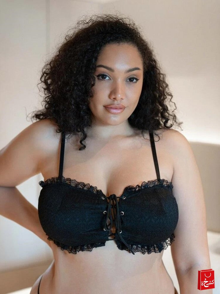 Women's Plus Size Lace Trim Bralette Lace Up Front Strappy Lingerie Bra