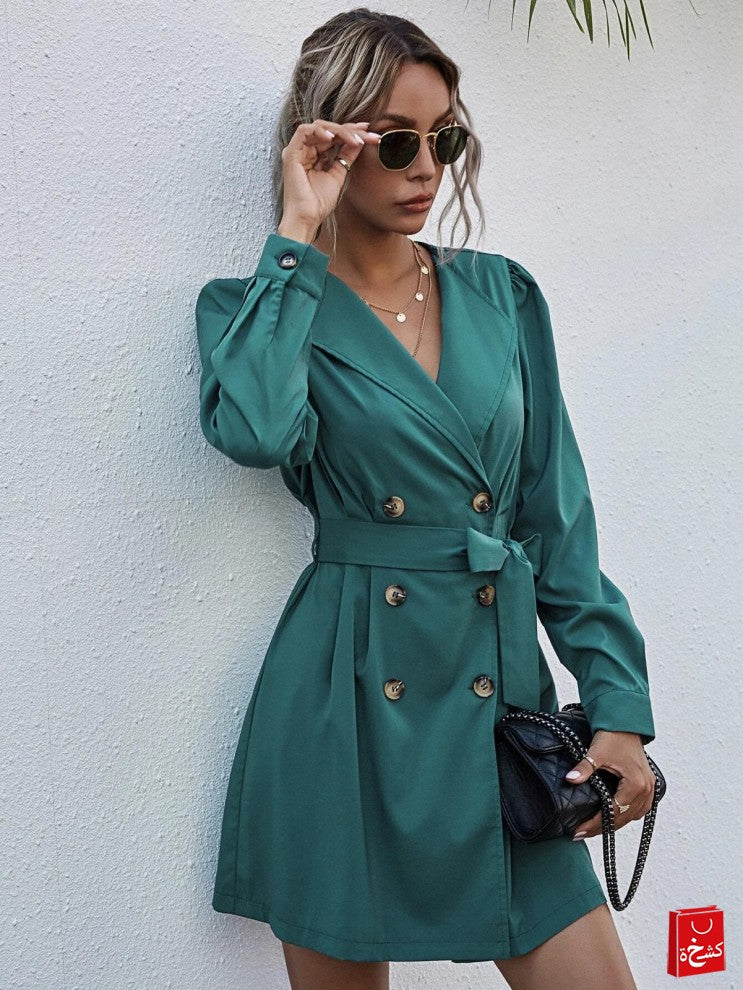 Teal Belted Double Breasted Button Trench Coat