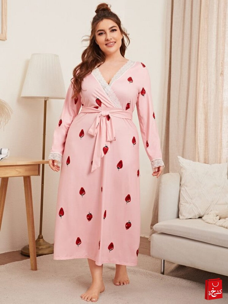 SHEIN Plus Strawberry Print Contrast Lace Belted Nightdress
