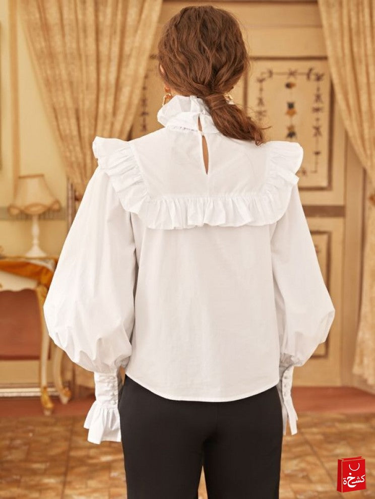 SHEIN Tie Neck Lantern Sleeve Ruffle Trim Top