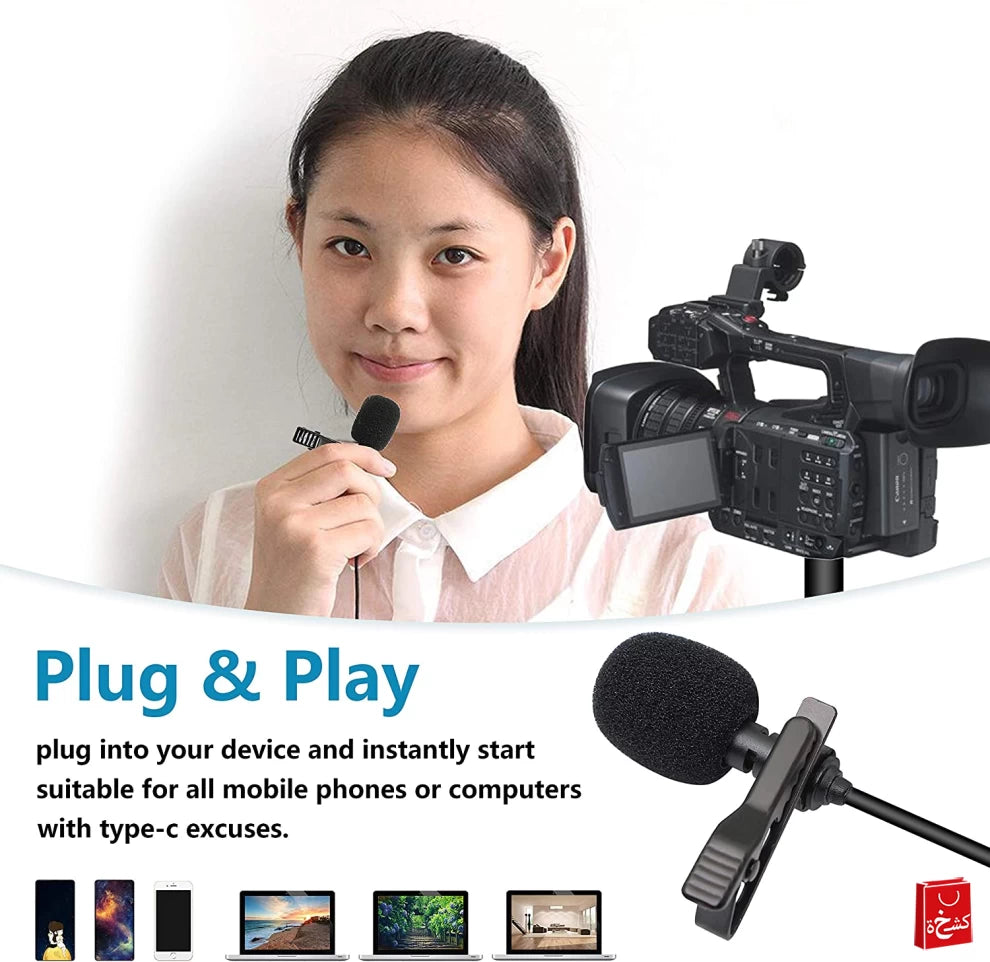 USB C Microphone With Clip & 3.5mm Port - Black, Superb Sound for Audio and Video Recording