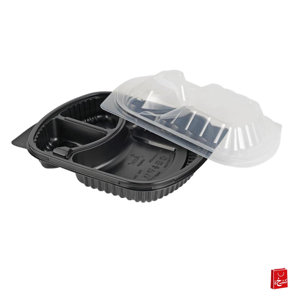 Black Microwaveable Container Divided 3 With Clear Lid - 5Pcs