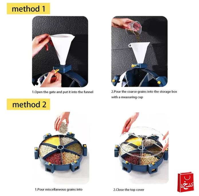 6-Grid Wall-Mounted 360° Rotatable Cereal & Grain Storage Dispenser