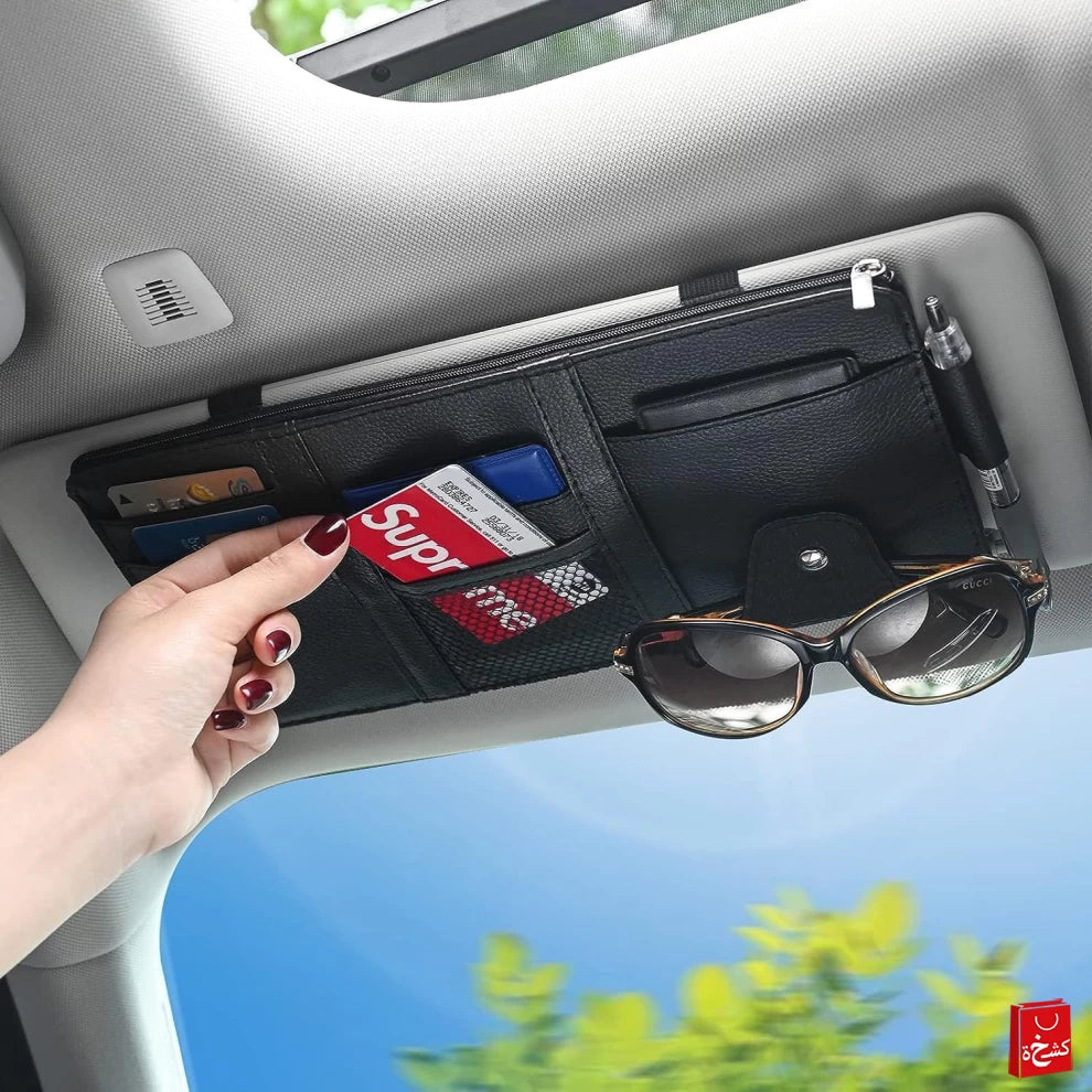 Car Sun Visor Organizer – Multi-Pocket PU Leather Storage (Black)