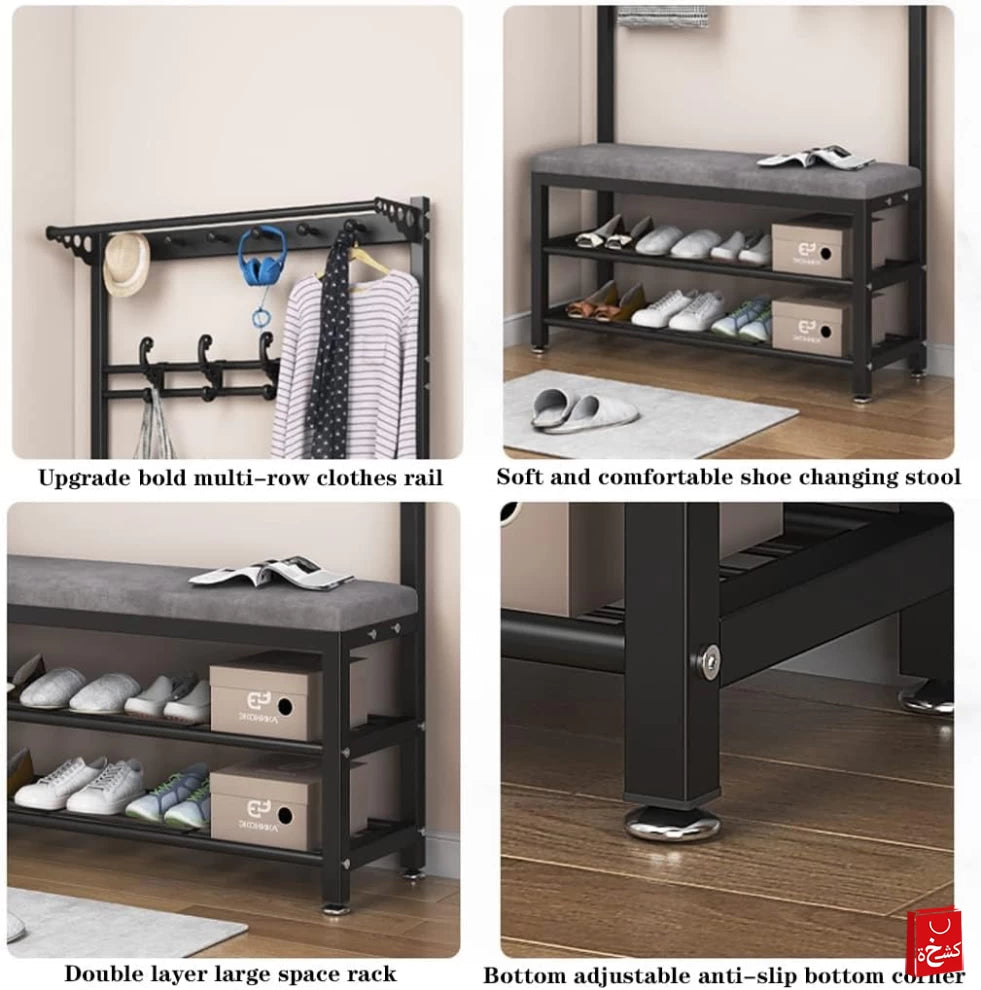 3-in-1 Hall Tree Entryway Coat Rack with Velvet Shoe Bench – Black