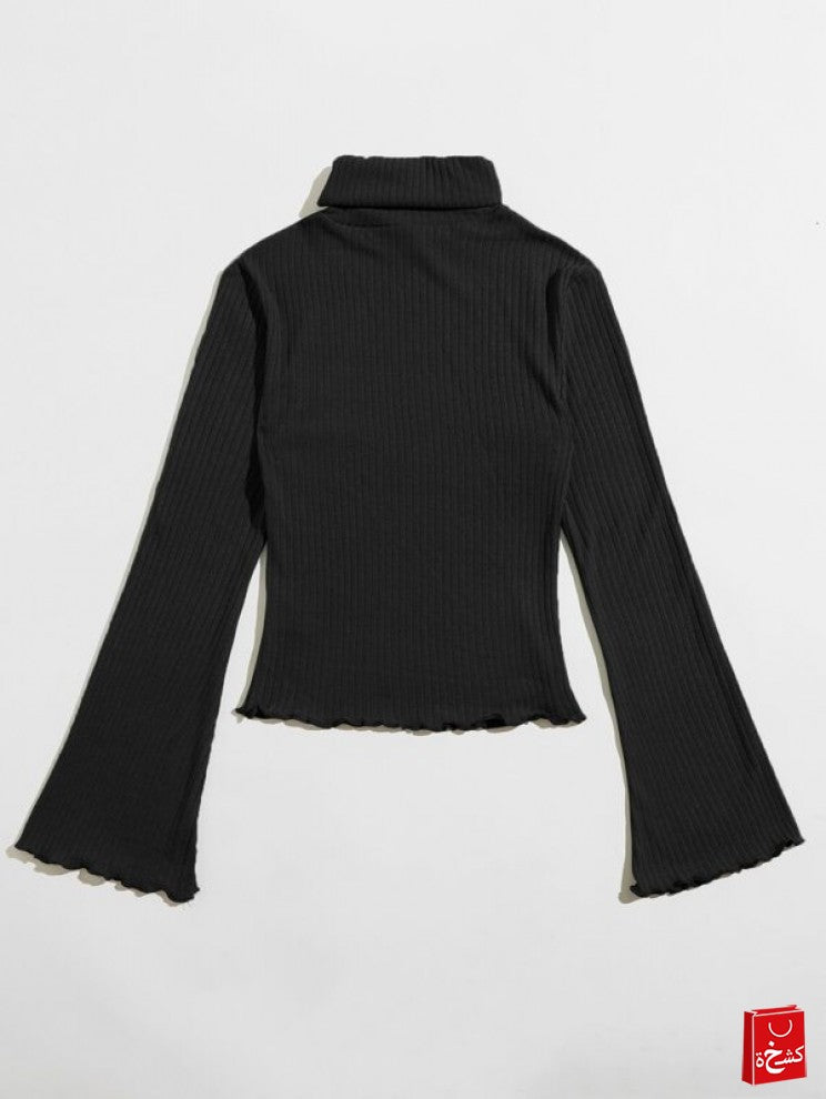 SHEIN Turtle Neck Bell Sleeve Lettuce Trim Rib-knit Top