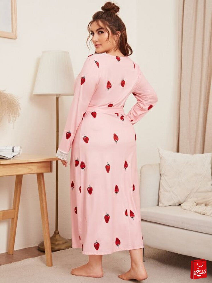 SHEIN Plus Strawberry Print Contrast Lace Belted Nightdress