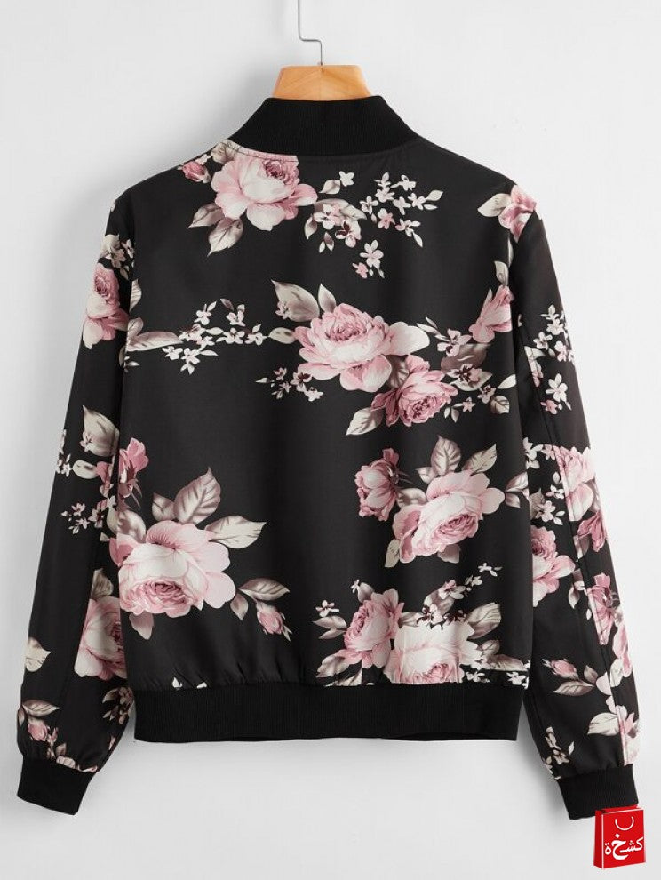 SHEIN Zipper Front Floral Print Bomber Jacket