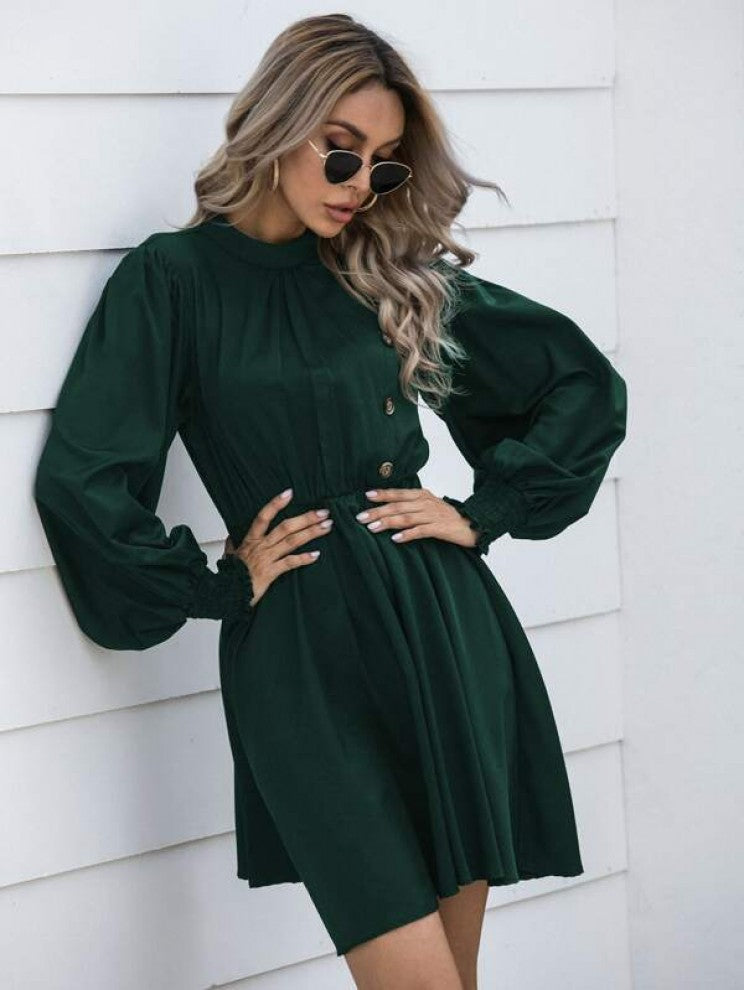 Solid Button Front Keyhole Back Dress