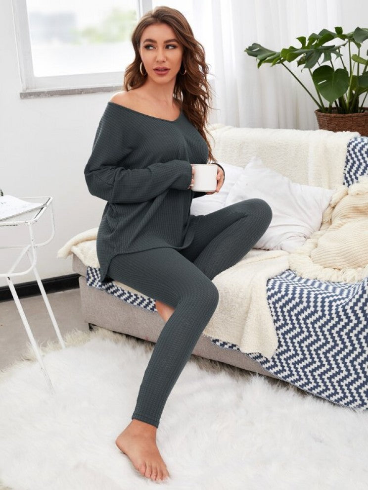 Solid Drop Shoulder V Neck Lounge Set
