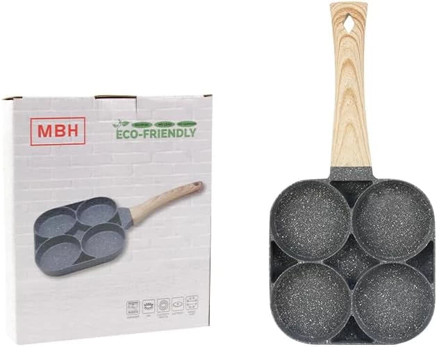 4-Hole Omelet Pan  Non-Stick with Wooden Handle (Black)