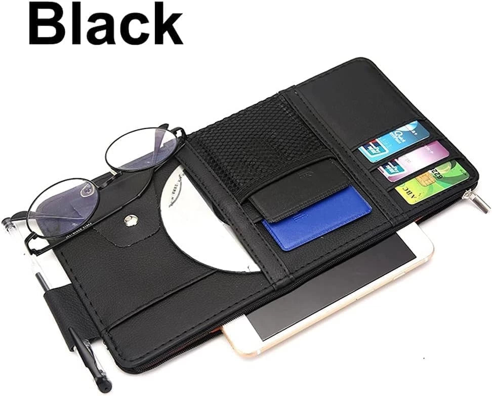 Car Sun Visor Organizer – Multi-Pocket PU Leather Storage (Black)