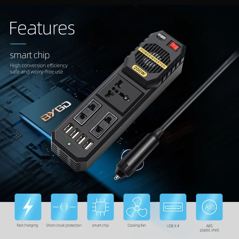 200W Car Power Inverter DC 12V to AC 220V 200W with 4 USB Port
