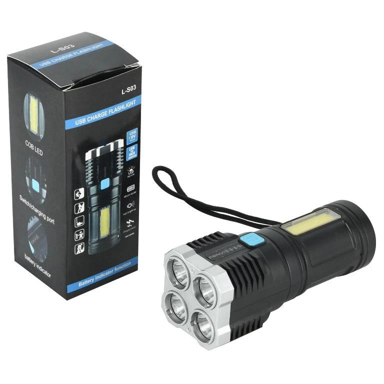 Bright USB Flashlight 4-Core 4 Modes Strong LED Light Rechargeable Torchlight L-S03