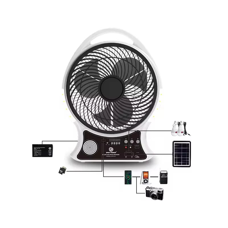 Solar Fan with Speaker – AC/DC Powered | Cooling + Entertainment Anywhere!