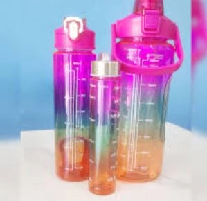 3psc Water Bottle with Straw And Handle, 2 Liter - Purple