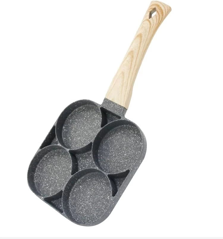 4-Hole Omelet Pan  Non-Stick with Wooden Handle (Black)