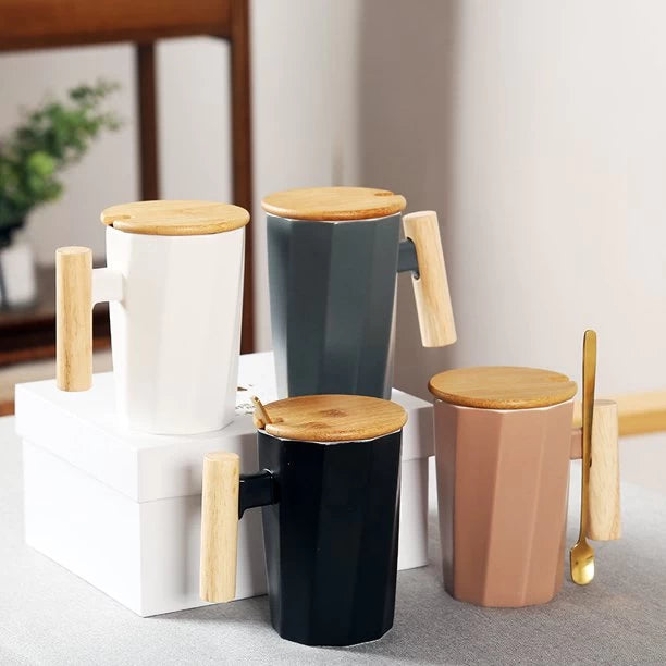 Ceramic Coffee Mug Gift Set Wooden Handle-350Ml