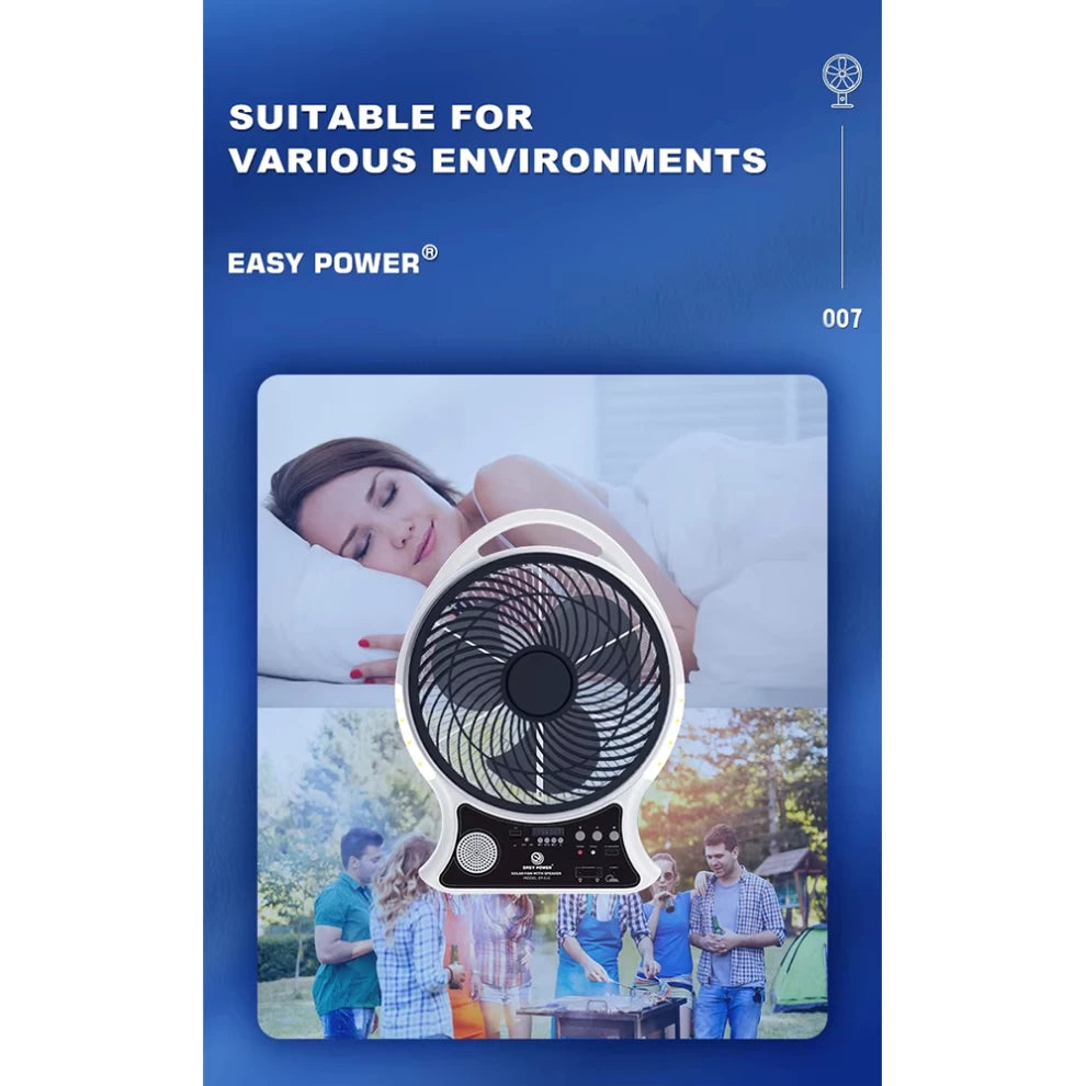 Solar Fan with Speaker – AC/DC Powered | Cooling + Entertainment Anywhere!