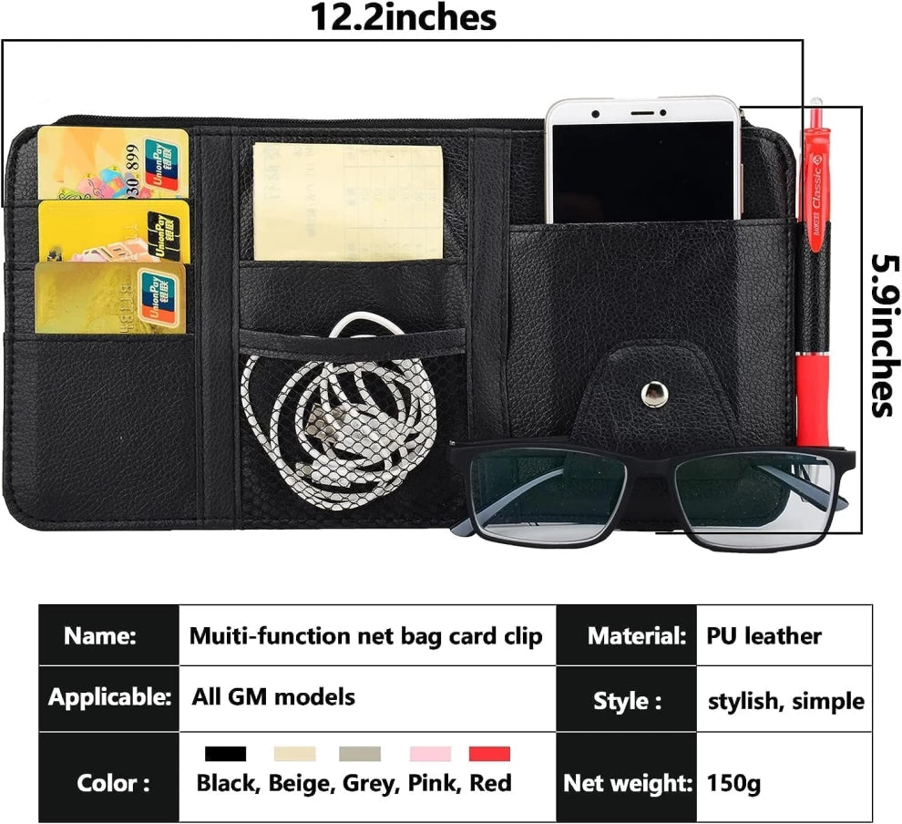 Car Sun Visor Organizer – Multi-Pocket PU Leather Storage (Black)