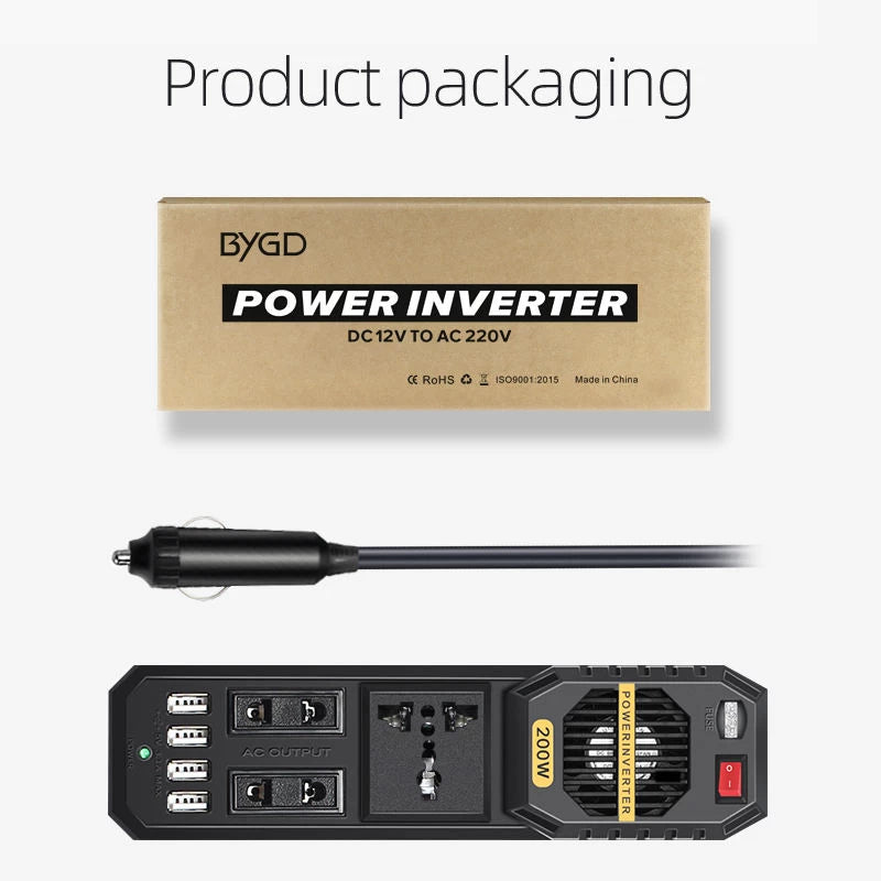 200W Car Power Inverter DC 12V to AC 220V 200W with 4 USB Port