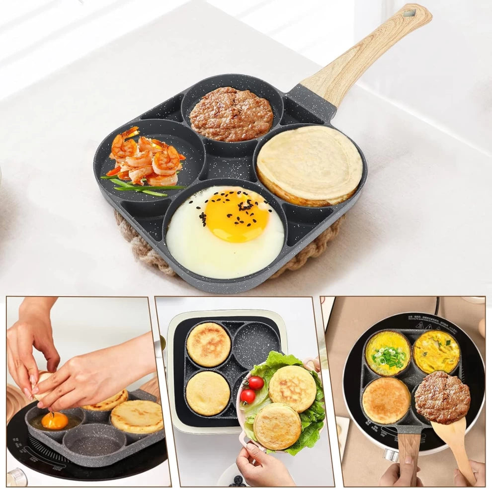 4-Hole Omelet Pan  Non-Stick with Wooden Handle (Black)