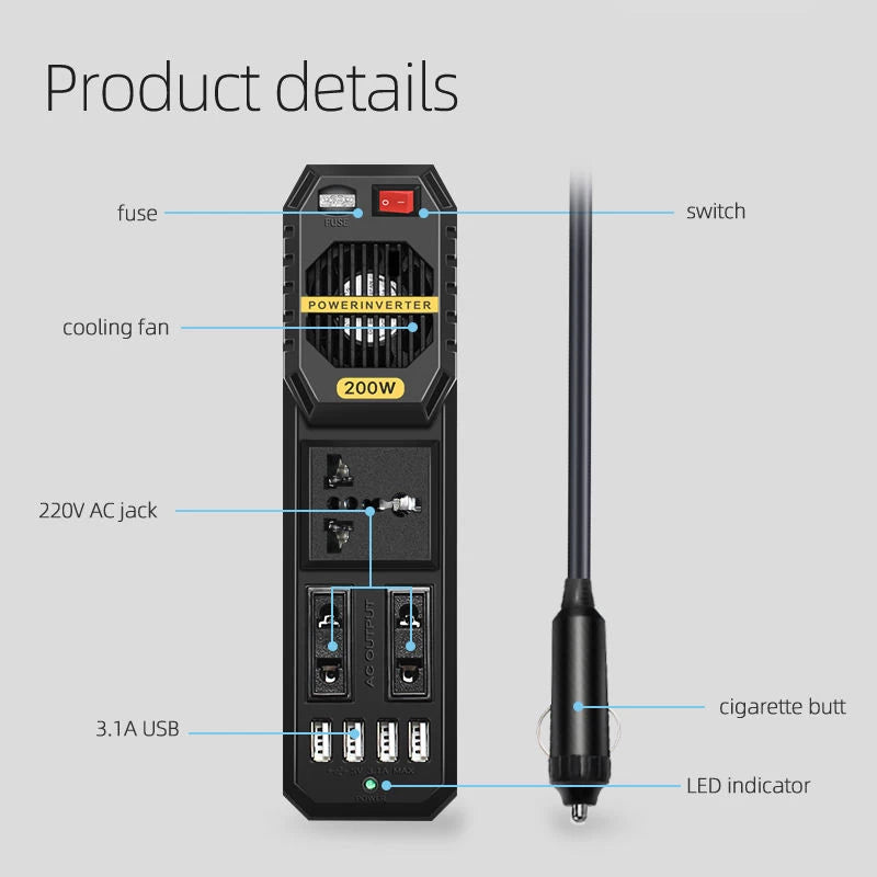 200W Car Power Inverter DC 12V to AC 220V 200W with 4 USB Port