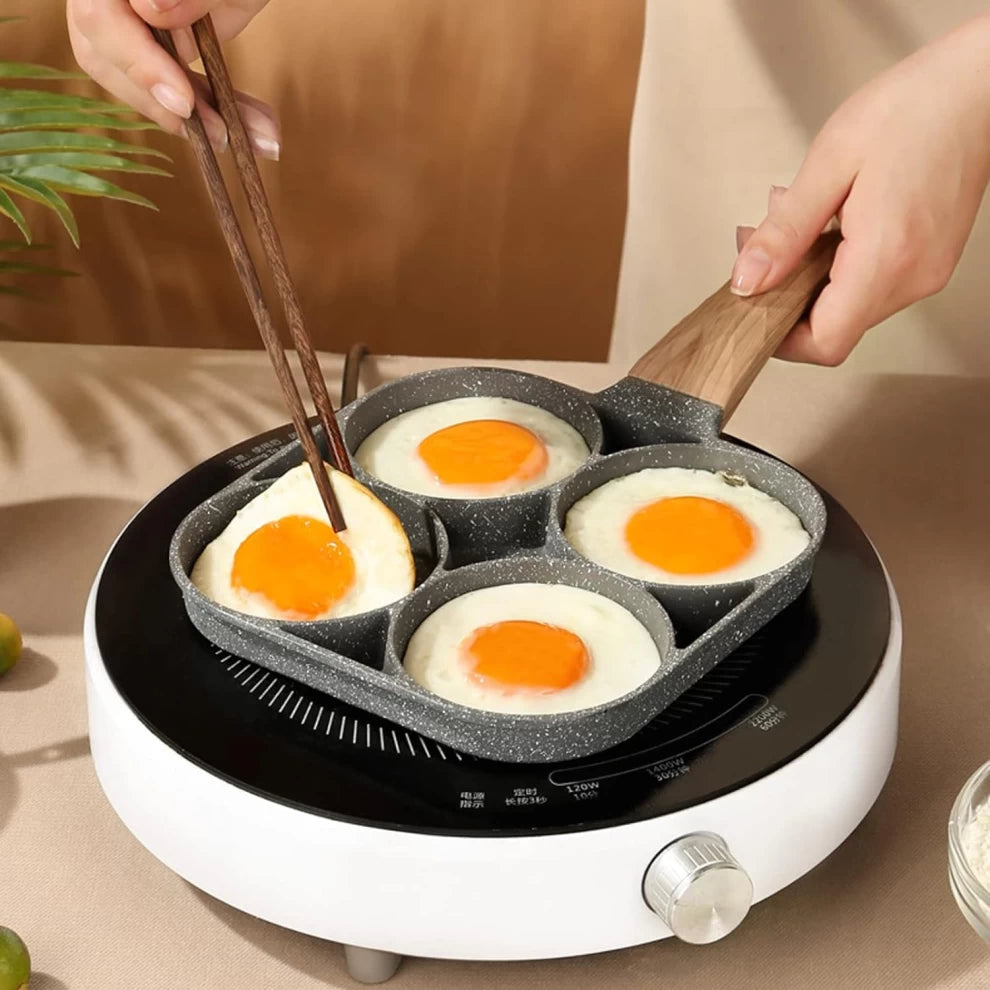 4-Hole Omelet Pan  Non-Stick with Wooden Handle (Black)