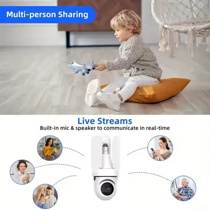 Camera 3MP HD 4G WiFi PTZ IP with LED Lights - E27 Bulb Camera for Home Security