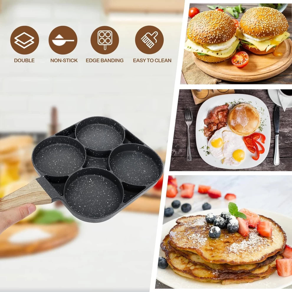 4-Hole Omelet Pan  Non-Stick with Wooden Handle (Black)