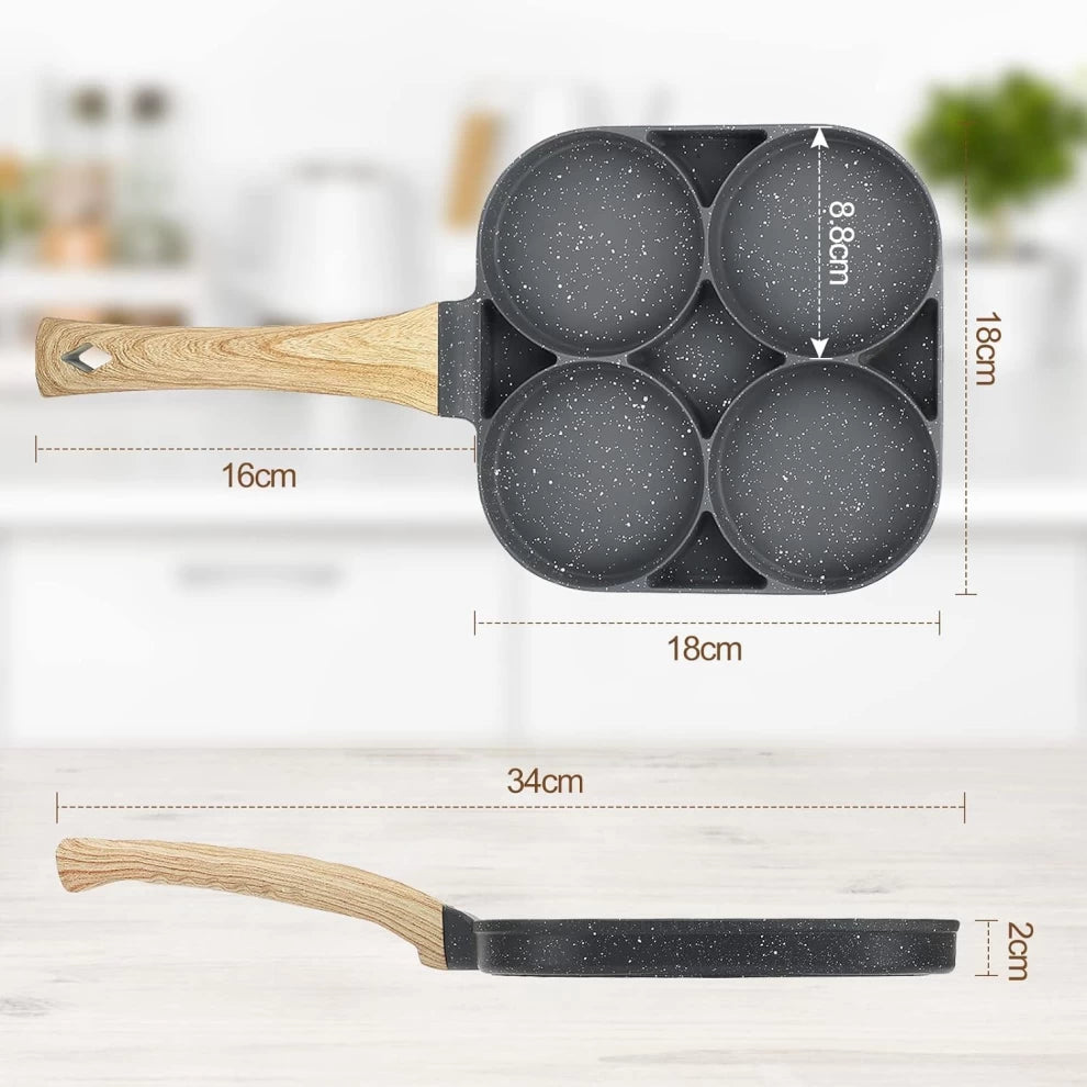 4-Hole Omelet Pan  Non-Stick with Wooden Handle (Black)